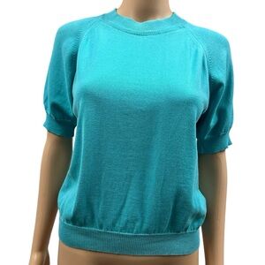 Designers Originals Vintage Zip Back Teal Cotton Short Sleeve Sweater Womens S